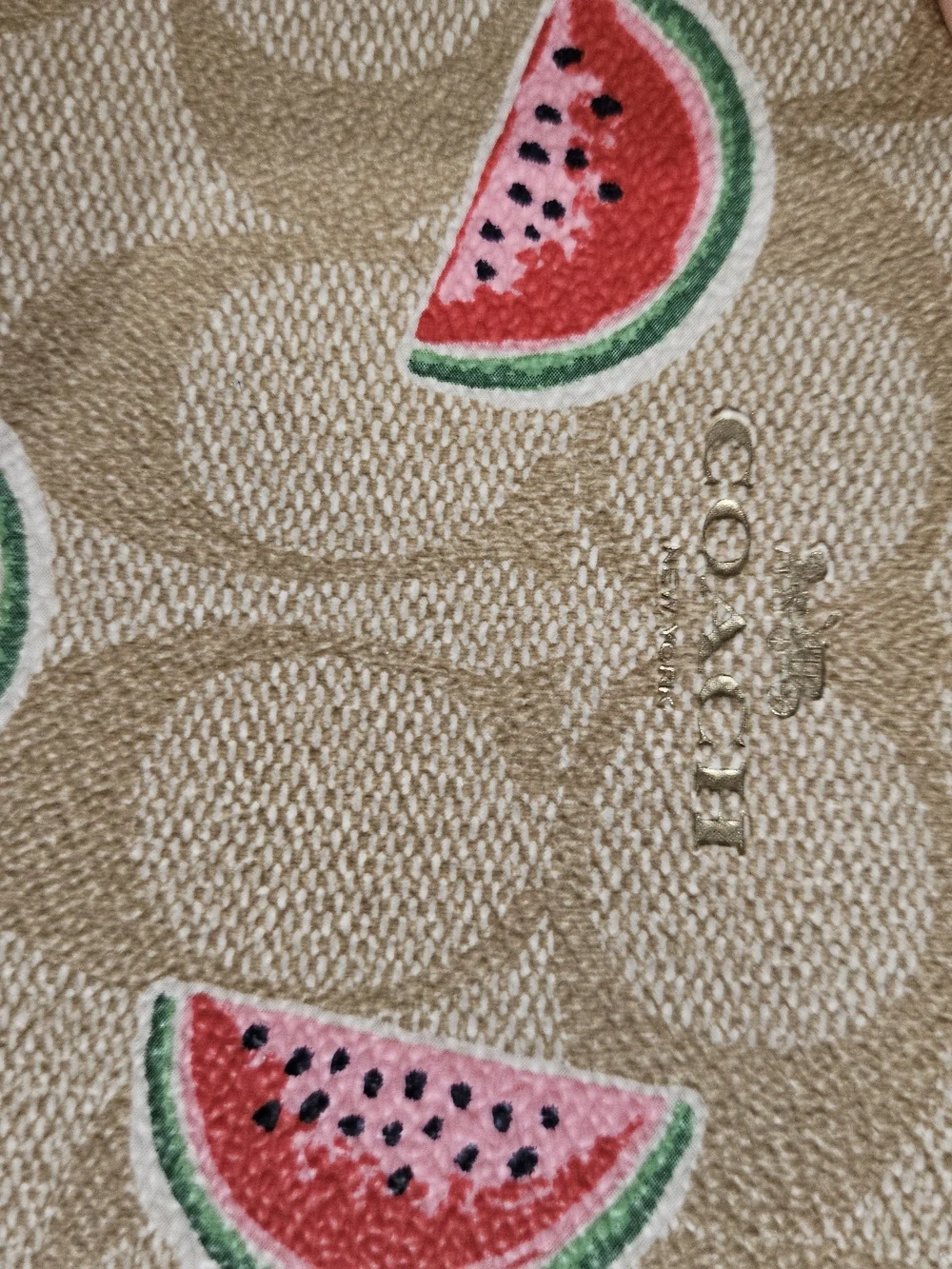 Coach Beige Signature Wristlet with Pink & Green Watermelon Motif